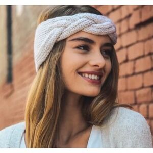 Braid Front Knit Crochet Headband Beige